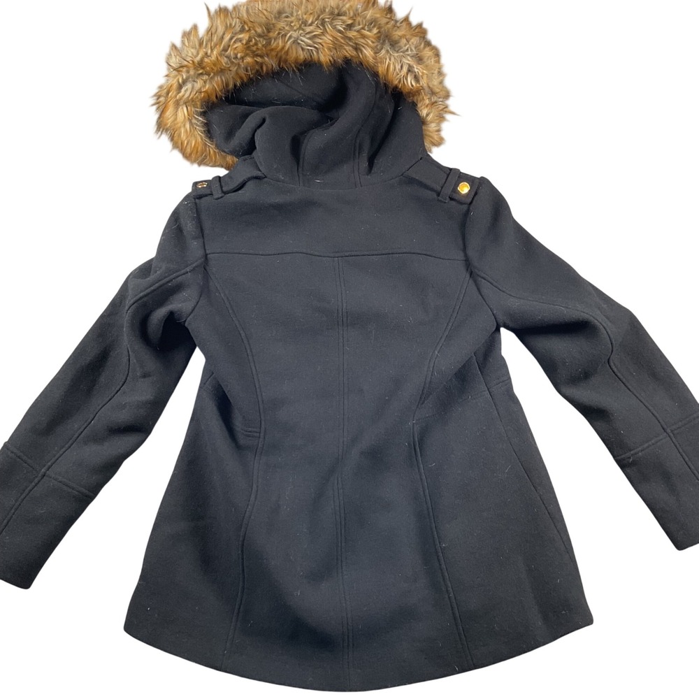 Michael Kors Womens Black Wool Blend Faux Fur‎ Hooded Military Coat Size 12 - Picture 2 of 7